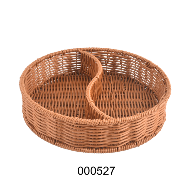 Multi-Functional Handwoven Round Plastic Rattan Fruit Tray with Divider for Household Snack Tea Candy Fruit Basket