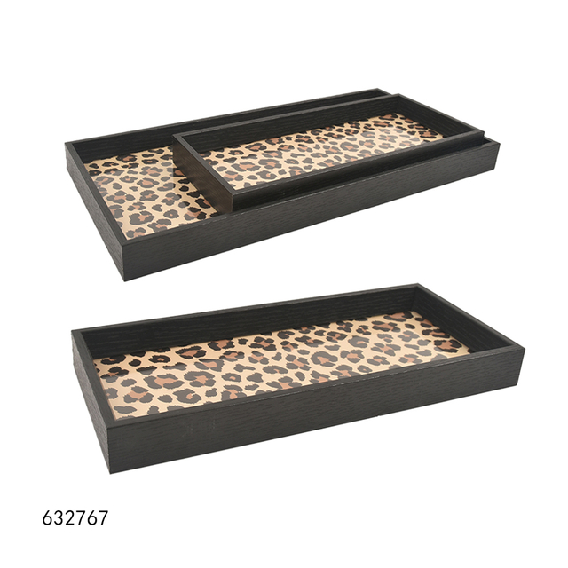  Multifunctional Rectangle Tabletop Black Wooden Decorative Set Tray with Leopard Print Velvet for Home Decoration