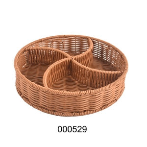 Multi-Functional Handwoven Round Plastic Rattan Fruit Tray with Divider for Household Snack Tea Candy Fruit Basket