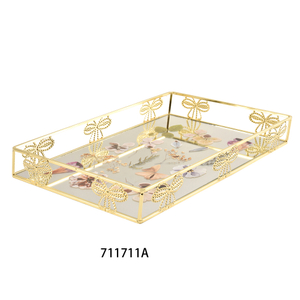 Gold Metal Rectangle Tray Decorative Vanity Tray with Mirror Bottom for Bathroom Dresser Decor