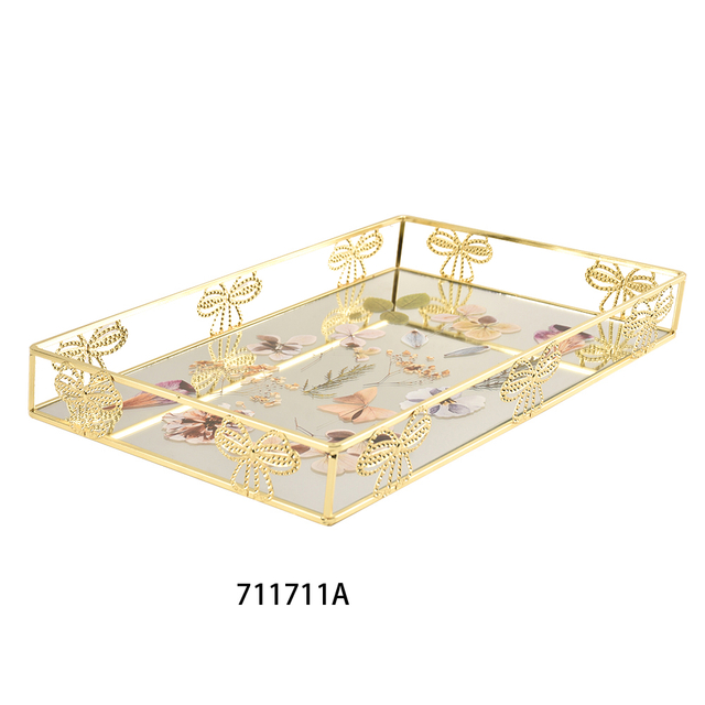 Gold Metal Rectangle Tray Decorative Vanity Tray with Mirror Bottom for Bathroom Dresser Decor