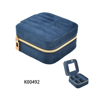 Wholesale Square Dark Blue Velvet Jewelry Box with Zipper and Mirror for Earings Rings and Necklace Storage