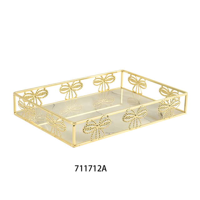 Gold Metal Rectangle Tray Decorative Vanity Tray with Mirror Bottom for Bathroom Dresser Decor
