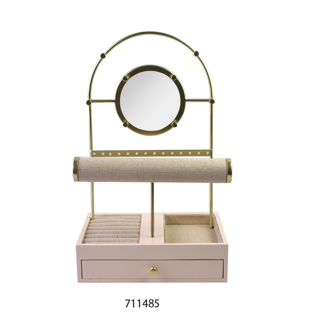 High Quality Reinforced Metal Frame Fabric Jewelry Stand with Mirror and Hangbar for Desktop Decor & Storage 