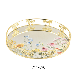 Gold Metal Rectangle Tray Decorative Vanity Tray with Mirror Bottom for Bathroom Dresser Decor