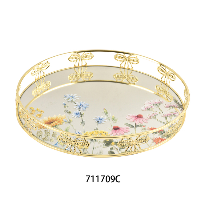 Gold Metal Rectangle Tray Decorative Vanity Tray with Mirror Bottom for Bathroom Dresser Decor